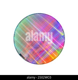 Polycrystalline silicon wafer with microchips isolated on white. Microelectronic device for the fabrication of integrated circuits. Stock Photo