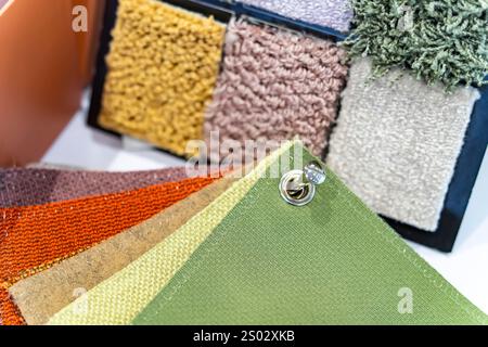 flooring and furniture materials made of looped and sheared fibers, carpet color samples Stock Photo