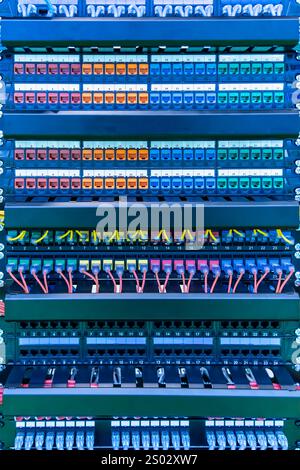 Fiber optic patch panel with yellow cables is being shown in flat ...