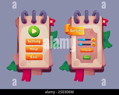 Game interface menu design with notepad style panels and leaves. Main screen displays play button, settings, help and exit options. Settings page with sound sliders, language selector and save button. Stock Vector