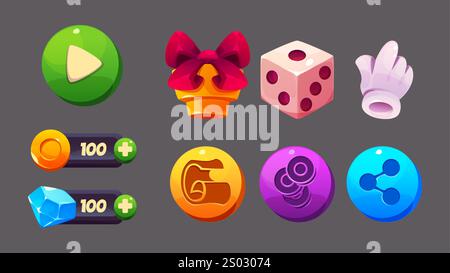 Game interface elements set - colorful ui buttons with play icon, crystal currency bar, gift box with red bow, dice, pointing hand in glove. Mobile gaming menu collection for RPG applications. Stock Vector