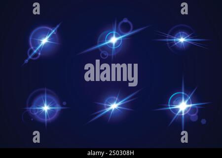 Glint glare collection with bright neon luminous effects - shining starbursts with magical sparkles, lens flares and glowing beams. Blue highlights on dark background for space or fantasy design. Stock Vector