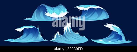 Cartoon ocean wave set. Stormy water elements with dynamic blue surf peaks and white foam crests and splashing droplets on dark background for sea animation, game design or marine illustrations. Stock Vector