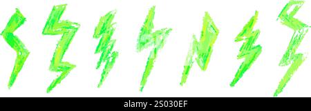 Set of lightning by wax pencil drawing. Collection of handdrawing chalk , light flash signs, Doodle thunder bolts, acid green color design elements Stock Vector