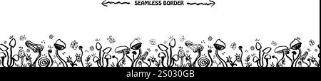 Fantasy mushrooms seamless border. Line art funny floral elements, butterfly. Mushroom sketch wallpaper in 1960s,1970s style in black outline stroke Stock Vector