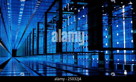 A video shows a futuristic data center with vibrant blue lights. Design ...