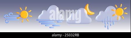Weather forecast icons. 3d meteorological symbols - windy sun, misty morning, moon behind cloud, rainy daylight. Realistic vector illustration set of atmospheric elements for meteorology prediction. Stock Vector