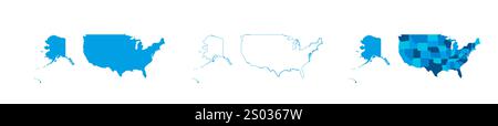 United States of America set of three maps - solid map, outline map and map highlighting administrative divisions. Three distinct maps illustrate various representations of a geographical area. Stock Vector