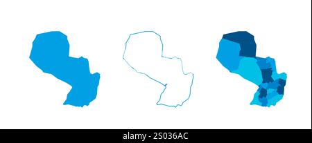Paraguay set of three maps - solid map, outline map and map highlighting administrative divisions. Three distinct maps illustrate various representations of a geographical area. Stock Vector