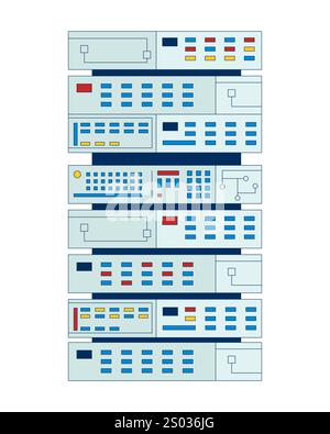 Vertical data server rack with panels and buttons 2D cartoon object Stock Vector