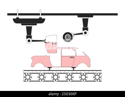 Car manufacturing process black and white 2D line object Stock Vector