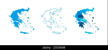 Greece set of three maps - solid map, outline map and map highlighting administrative divisions. Three distinct maps illustrate various representations of a geographical area. Stock Vector