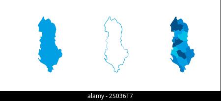 Albania set of three maps - solid map, outline map and map highlighting administrative divisions. Three distinct maps illustrate various representations of a geographical area. Stock Vector