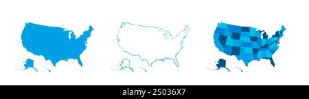 United States of America set of three maps - solid map, outline map and map highlighting administrative divisions. Three distinct maps illustrate various representations of a geographical area. Stock Vector