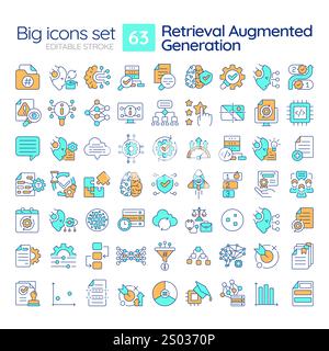 RAG RGB color icons set. Retrieval augmented generation in data processing. Content making AI tools. Isolated vector illustrations. Simple filled line Stock Vector