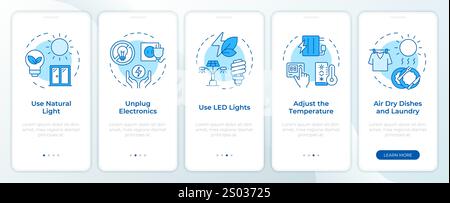Energy saving tips blue onboarding mobile app screen. Power using walkthrough 4 steps editable graphic instructions with linear concepts. UI, UX, GUI Stock Vector