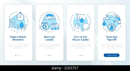 Water saving tips blue onboarding mobile app screen. Consumption walkthrough 5 steps editable graphic instructions with linear concepts. UI, UX, GUI t Stock Vector
