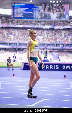 Eleanor Patterson participating in the high jump at the Paris 2024 Olympic Games. Stock Photo