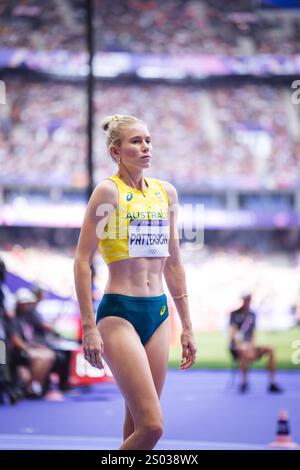 Eleanor Patterson participating in the high jump at the Paris 2024 Olympic Games. Stock Photo