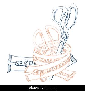 Clothes zippers, fabric scissors snaps, indigo beige. Sewing seamstress craft supplies, hand drawn ink vector illustration. Composition isolated on Stock Vector
