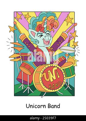 Cool rock music unicorn playing the drums. Vector cartoon illustration on white background. Linear drawing. For design, colorings, prints, posters, st Stock Vector