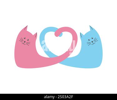 Heart shape from the tails of two cats in love, illustration for Valentines Day, on white background. Vector illustration Stock Vector