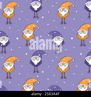 Gnomes pattern violet, hand drawn purple and yellow gnomes, dwarves or elves, snow falling. Vector illustration Stock Vector