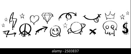 Graffiti y2k groovy tattoo hand drawn paint with splatter street drawing seamless border. Heart, smile arrow elements, ink print. Trendy splash brush illustrations. Vector illustration Stock Vector