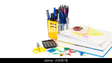 A collection of vibrant office supplies featuring a stapler, paper clips, books, binder clips, push pins, erasers, and rubber bands. Ideal for organiz Stock Photo