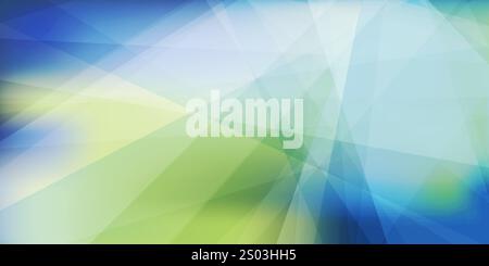 Silver Grey, Green and Blue 3D Glowing Triangle Shaped Translucent Overlaying Planes, Geometric Shapes Pattern on Abstract Futuristic Blurred Wide Sca Stock Vector