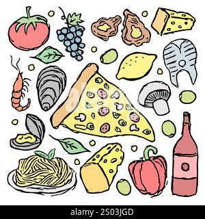 Italian food icons. Doodle vector italian food Stock Photo