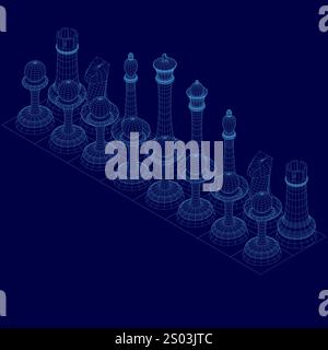 Set of wireframe chess isometric figures. Vector illustration Stock Vector
