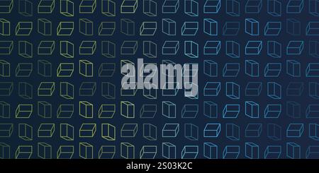 Dark Minimalist Modern Style 3D Lit Transparent Rectangular Cuboids Colored in Shades of Green and Blue - Mosaic Pattern, Editable Abstract Geometric Stock Vector