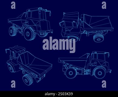 Four different views of a truck. The truck is blue Stock Vector