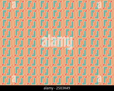 Orange, Green and Red Minimalist Modern Style 3D Seamless Transparent Line-art Mosaic Pattern, L-shaped Rectangles, Cuboids  - Editable Abstract Dark Stock Vector