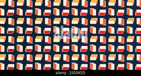 Many 3D Rectangular Colorful Solid Cuboids, Rectangles - Seamless Mosaic Pattern, Editable Abstract Geometric Design in Dark Blue Background, Creative Stock Vector