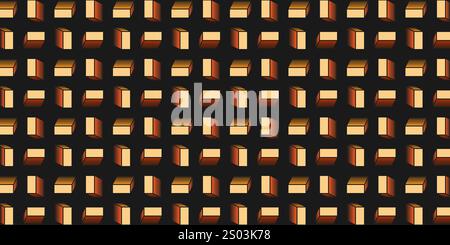 Many 3D Rectangular Brown Cuboids, Rectangles - Seamless Mosaic Pattern, Editable Abstract Geometric Design in Dark Black Background, Creative Vector Stock Vector