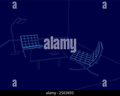 Room with a table and two chairs. The chairs are blue and the table is white. The room has a modern and minimalist design, with the blue chairs and wh Stock Vector