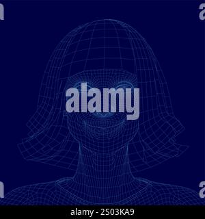 Woman's face is shown in a blue background. The woman has a smile on her face and her hair is styled in a bob. The image is a stylized representation Stock Vector