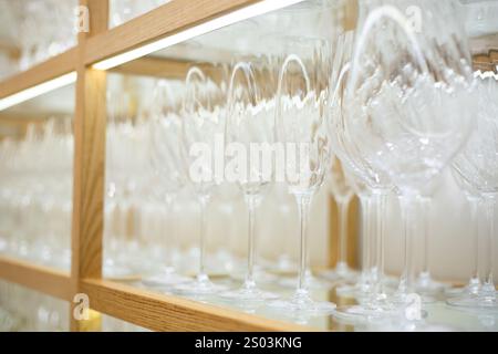 empty wine glasses on display in a store Stock Photo