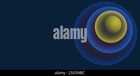 Abstract Blue and Yellow 3D Spiralling Funnels, Concentric Perspective Circles Pattern - Colorful Spheres Design on Dark Blue Background, Vector Illus Stock Vector