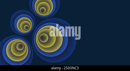 Abstract Blue and Yellow 3D Spiralling, Funnel, Concentric Circles Pattern - Perspective, Colorful Spheres Design on Dark Blue Background, Vector Illu Stock Vector