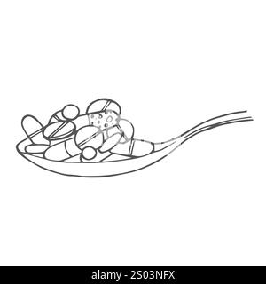 Single one line drawing herbal capsules on wooden spoon. Herbal medicine in capsules from sweet basil. Vitamin capsule in a wooden spoon. Modern conti Stock Vector