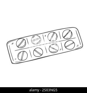 Blister with pills. Vector illustration. Sketch. Contour on an isolated background. Doodle style. Dosage form for the treatment of the disease. Medica Stock Vector