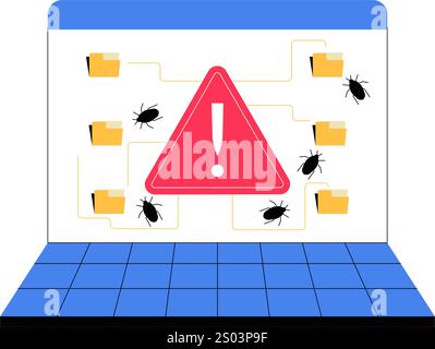 Laptop With Warning Icon And Bugs In Flat Vector Illustration Symbolizing Malware Threat, Data Breach, And Cybersecurity, Isolated On White Background Stock Vector