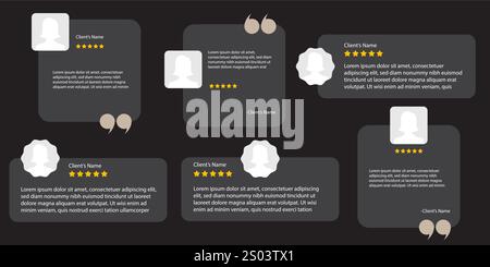 Grey vector background for reviews, social media square with speech bubbles, star ratings, and user icons. Great for showcasing customer feedback. Stock Vector