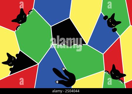 Multicolored polygons and black cats sticking out of them, seamless pattern Stock Vector