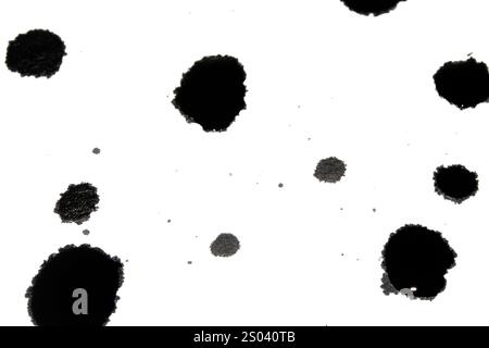 Black Messy Creative Ink Splatters Blots and Blobs  and Inkblot Close Up on White Background Stock Photo