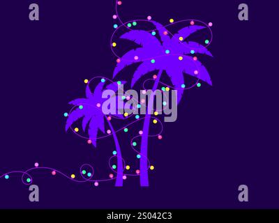 Palm tree silhouettes decorated with Christmas garland with colorful lights. Christmas garlands decoration tropical palm trees. Design for greeting ca Stock Vector
