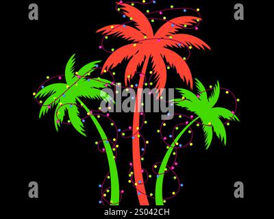 Palm tree silhouettes decorated with Christmas garland with colorful lights. Christmas garlands decoration tropical palm trees. Design for greeting ca Stock Vector